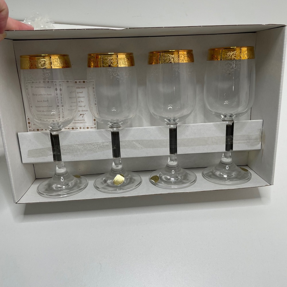 New Cellini Crystal Stemware Set 4 Wine Glasse 24K Gold Italy 7.5in Wedding Gift - Picture 6 of 10